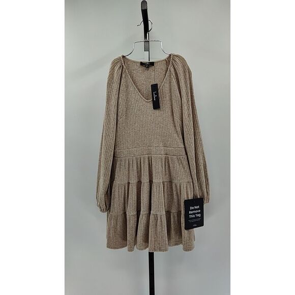 Lulus Women Adorable Option Long Sleeve Mini Sweater Dress Beige Small - Picture 2 of 3